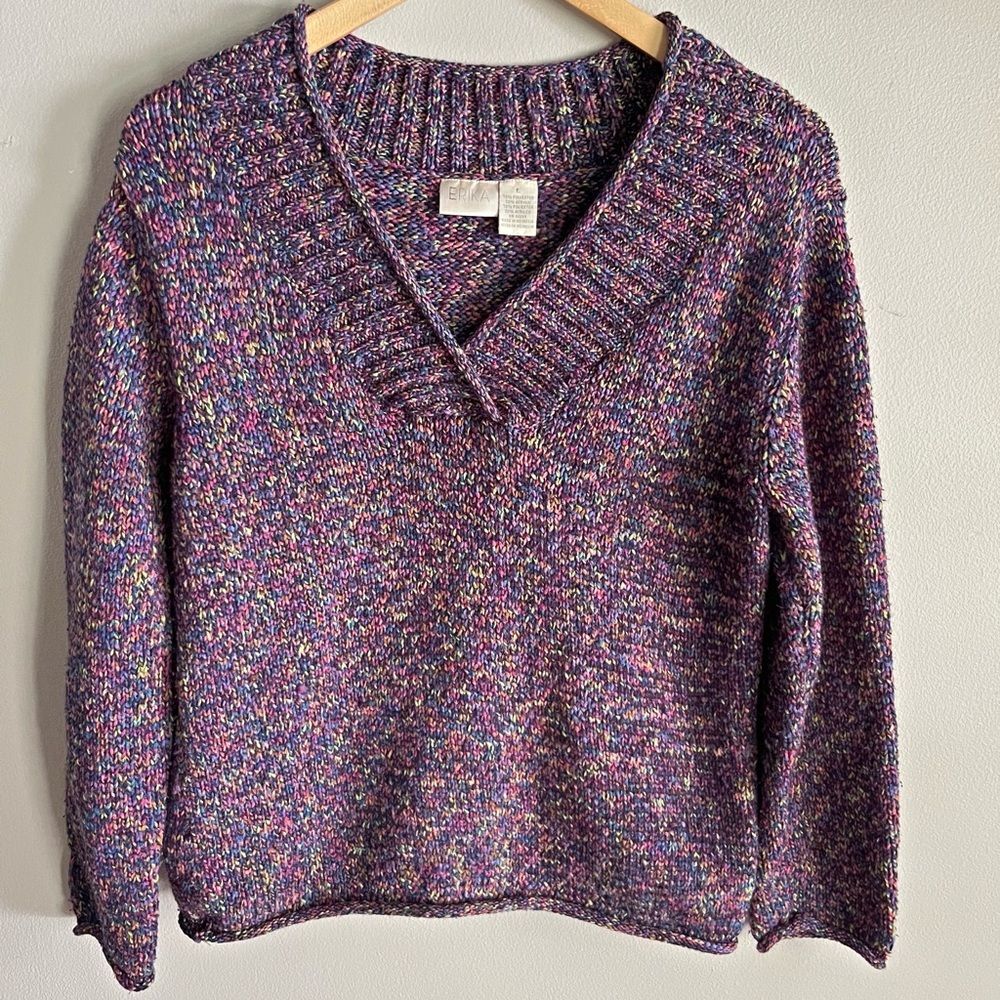 Vintage 90s Erika Rainbow Knit V-Neck Sweater Purple Pink Cozy Retro